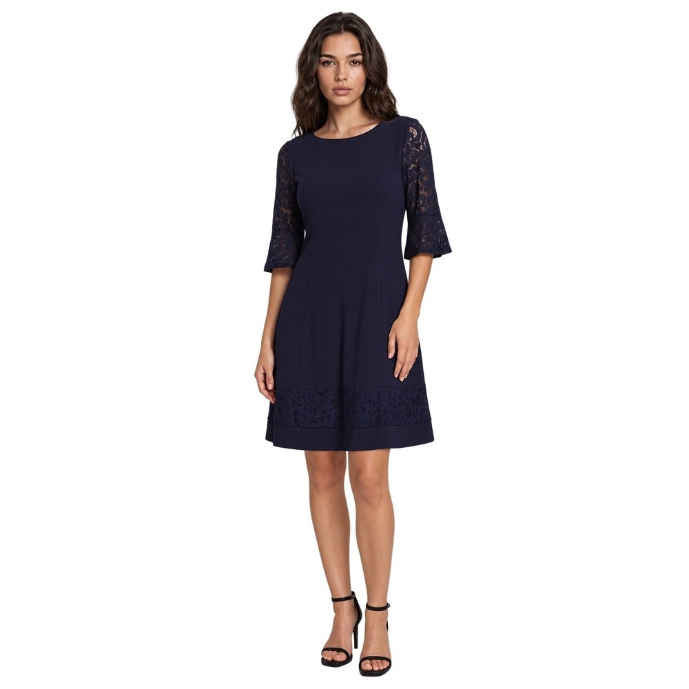 Jessica Howard Lace Sheath Dress Women's 14P Petite Navy Blue Bell Sleeve